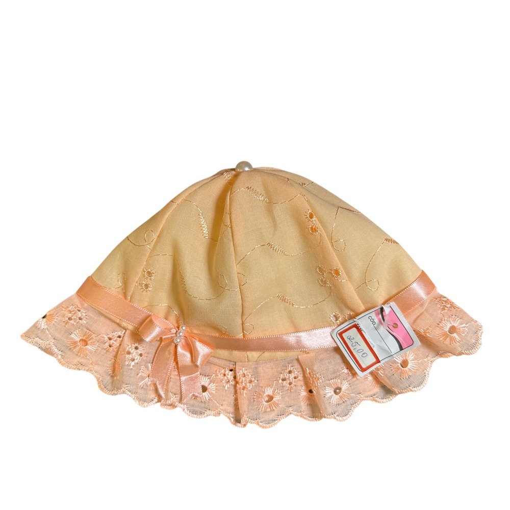 Peach Baby Sun Hat Eyelet Lace Pearl Ribbon Accent Bonnet